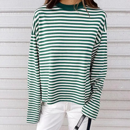 Women Long Sleeve Crew Neck Loose Striped T Shirt