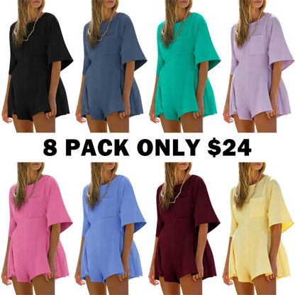 Short Sleeve Crew Neck Loose Jumpsuits with Pocket