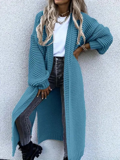 Women's Solid Split Hem Bishop Sleeve Open Front Longline Cardigan, Knit Clothing for Daily Wear, Womenswear