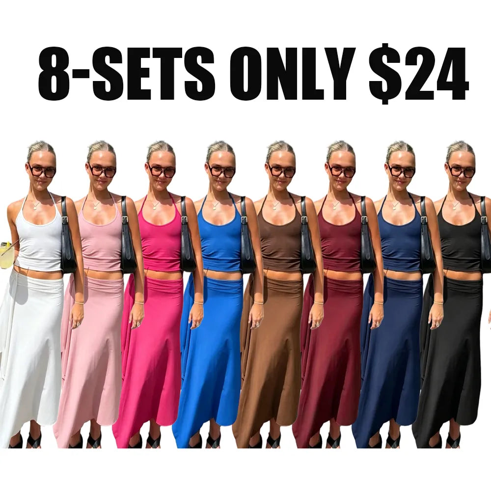 Solid-Color Sleeveless Backless Tie-Strap Camisole and Slim-Fit Side-Slit Maxi Skirt Two-Piece Set