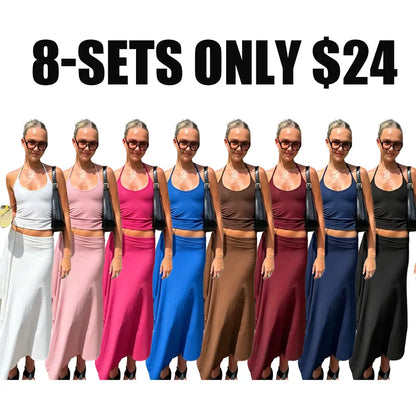 Solid-Color Sleeveless Backless Tie-Strap Camisole and Slim-Fit Side-Slit Maxi Skirt Two-Piece Set