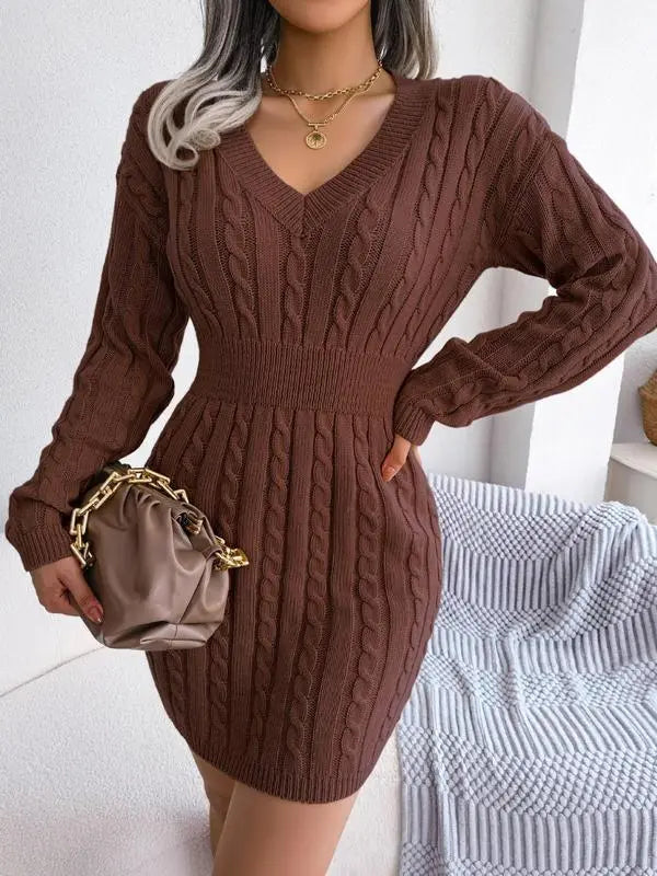 Women's Cable Knit Sweater Dress With V Neck