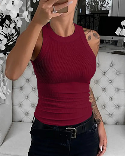 O-Neck Knit Sleeveless Basic Slim Fit Tummy Control Tank Casual Top(Without Pads)