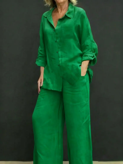 Women's Solid Color Shirt & Wide Leg Pants Set