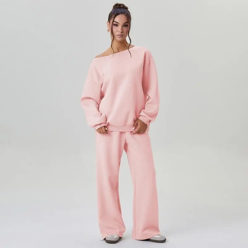 Women's Leisure Solid Color Sloping Shoulder Long Sleeve Top & Wide Leg Trousers Co-ord