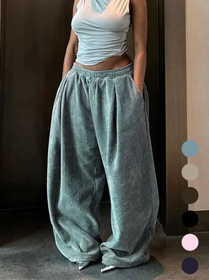 Women's Solid Drawstring High Waist Wide Leg Pants