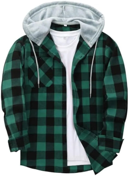 Men’s Plus Size Plaid Patchwork Hooded Jacket – Button Front Casual Outerwear with Pockets