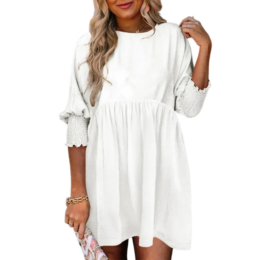 Women's Black Crew Neck Short Sleeve Flowy Swing Mini Tunic Dress