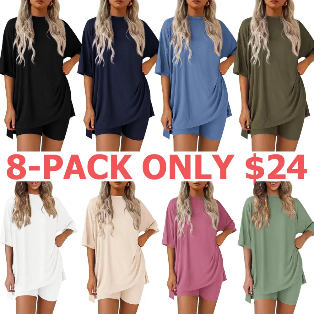 Women's Summer Two-Piece Set 2025 Casual Oversized Crewneck Split Hem Shirts & Side Pocket Biker Shorts Minimalist Lounge Wear Soft Viscose Fabric Comfy Homewear Cozy Pjs