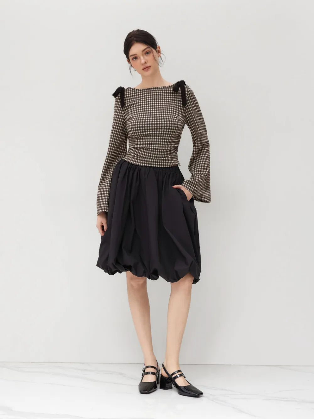 Boat Neck Gingham Bowknot Ruched Long Sleeve Top