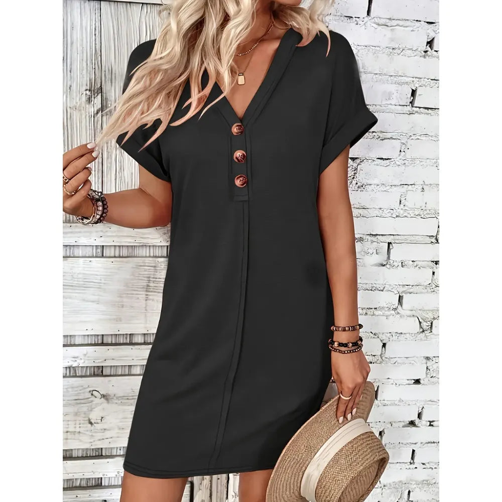 Women's Plain Button V Neck Basic Minimalist Tee Dress