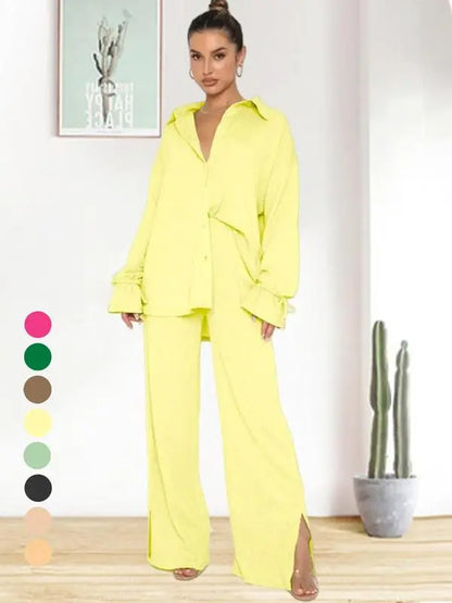 Women's Solid Button Front Shirt & Split Hem Pants Set