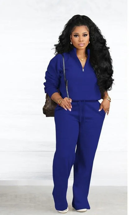 Two-piece Set Women's Solid Zip Up Funnel Neck Sweatshirt & Drawstring Waist Pants