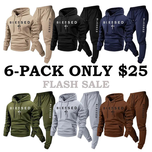 Blessed Cross Letter Print Hoodie & Drawstring Sweatpants Set