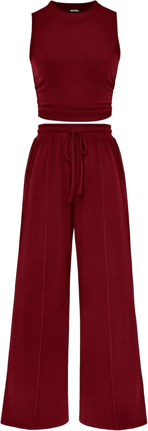 Women Summer 2 Piece Outfits 2026 Beach Crew Neck Sleeveless Cropped Top Elastic Waist Wide Leg Pants Lounge Set