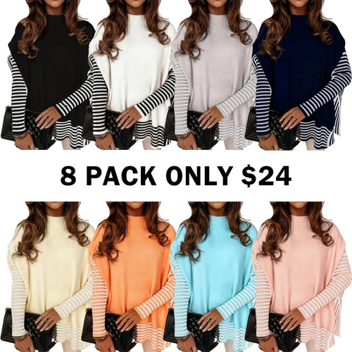 Striped Patchwork Print Batwing Sleeve Split Hem Sweater
