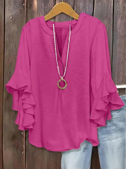 Plus Size Women's Ruffle Sleeve Notched-Neck Fitted Blouse