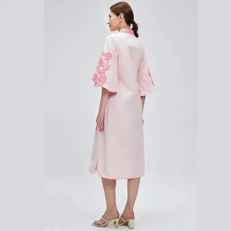 Women Casual V-Neck Mid Dress Floral Embroidery 3/4 Sleeves