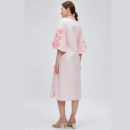 Women Casual V-Neck Mid Dress Floral Embroidery 3/4 Sleeves