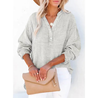 Women's Casual Button V Neck Long Sleeve Shirts