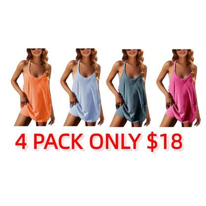 Women's Athletic Sleeveless Mini Dress with Built-in Shorts Summer V Neck Spaghetti Strap Short