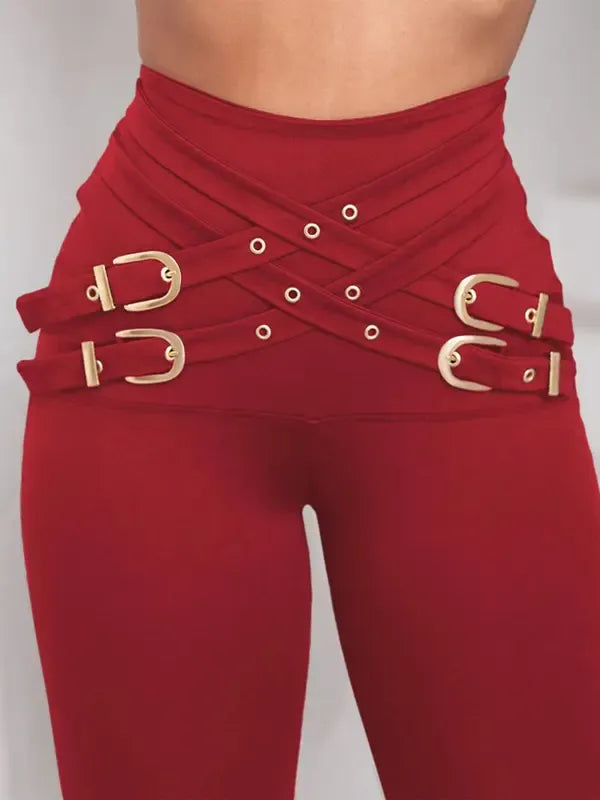 Women's Criss Cross Metal Buckle Decor High Waist Rise Leggings
