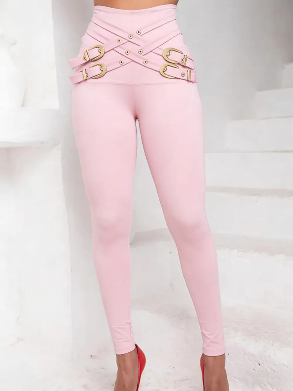 Women's Criss Cross Metal Buckle Decor High Waist Rise Leggings