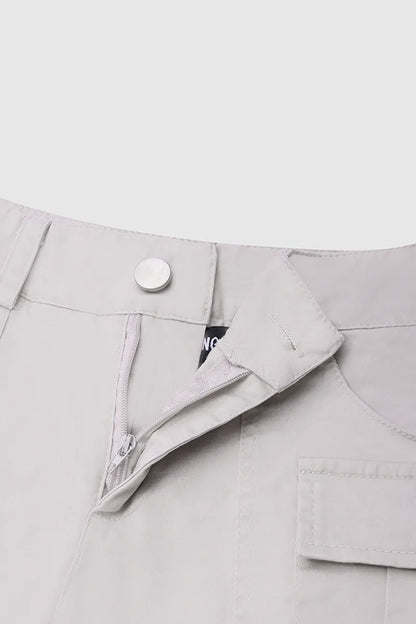Flap Pocket Roll Tab Hem Mid Waist Shorts
