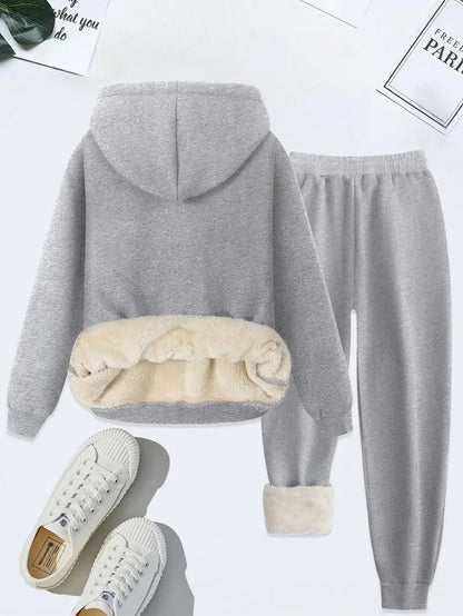 Women's Thermal Lined Solid Color Hoodie & Drawstring Waist Pants Two-piece Set