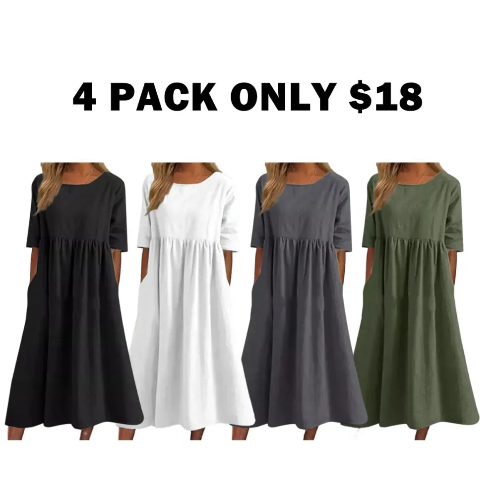 Cotton and Linen Casual Short Sleeve Pocket Dress