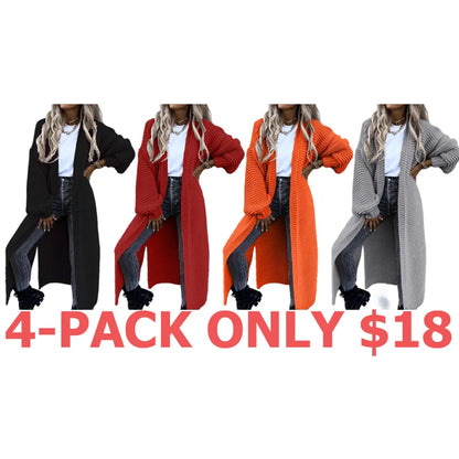 Women's Solid Split Hem Bishop Sleeve Open Front Longline Cardigan, Knit Clothing for Daily Wear, Womenswear