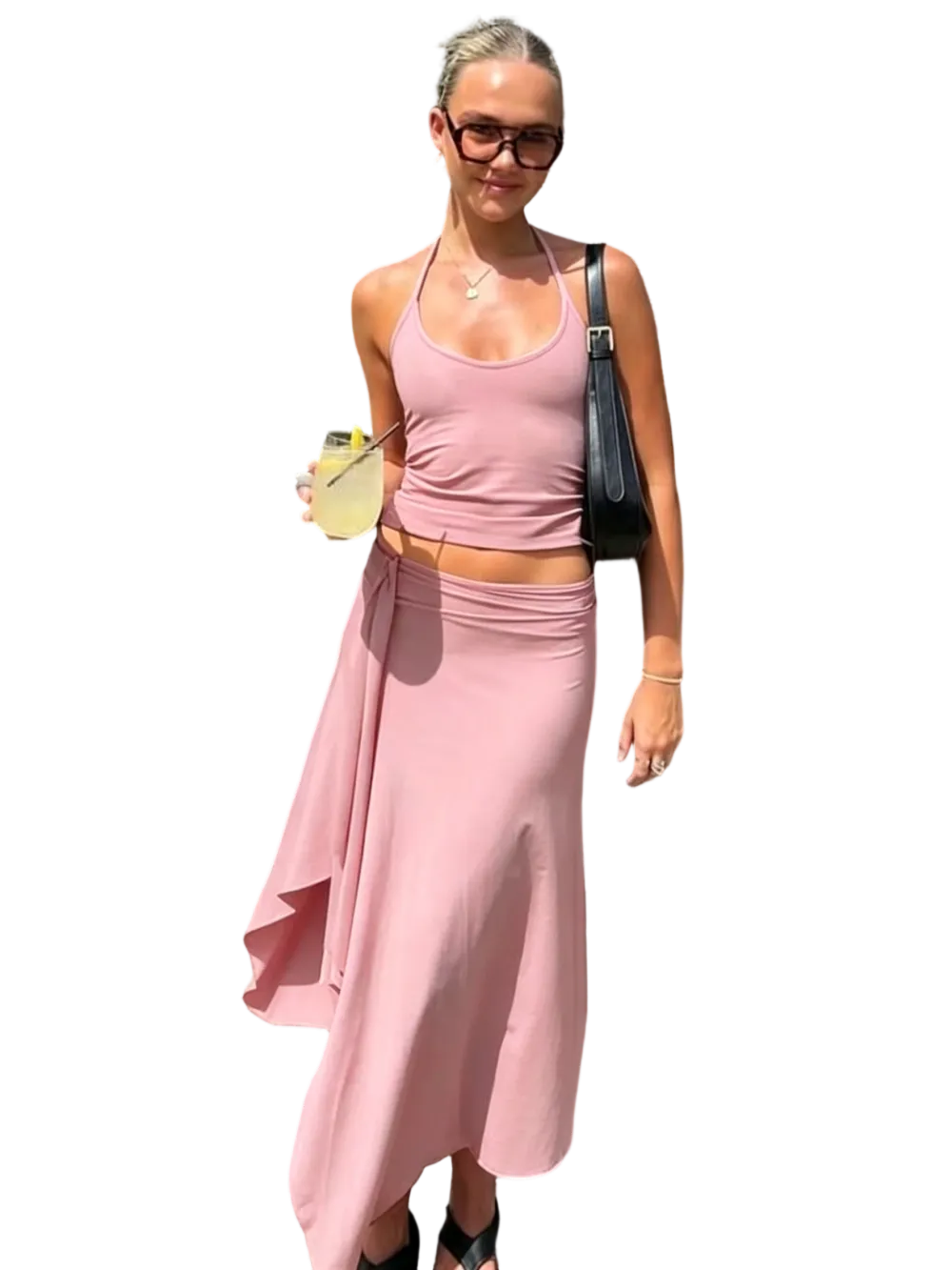 Solid-Color Sleeveless Backless Tie-Strap Camisole and Slim-Fit Side-Slit Maxi Skirt Two-Piece Set