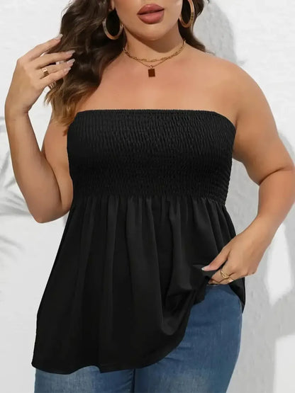 Plus Size Solid Ruffle Hem Shirred Tube Top