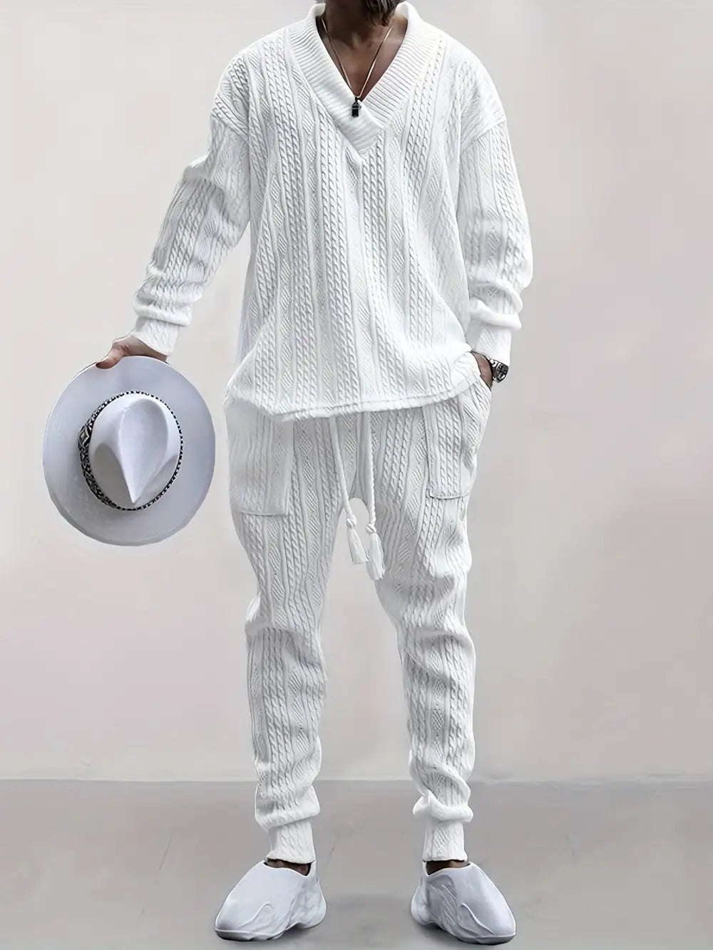 Mens V Neck Sweatshirt Jacquard Tracksuit 2 Piece Men Baggy Sweatsuit Sets Men's Jogging Tracksuit Set Outfit for Men