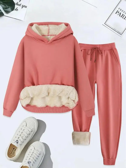Women's Thermal Lined Solid Color Hoodie & Drawstring Waist Pants Two-piece Set