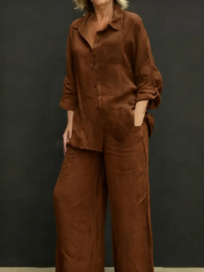 Women's Solid Color Shirt & Wide Leg Pants Set
