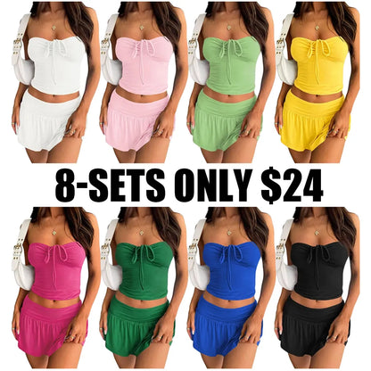 Womens 2 Piece Summer Outfits Y2k Crop Tube Tops and Pleated Mini Skirts Beach Sets