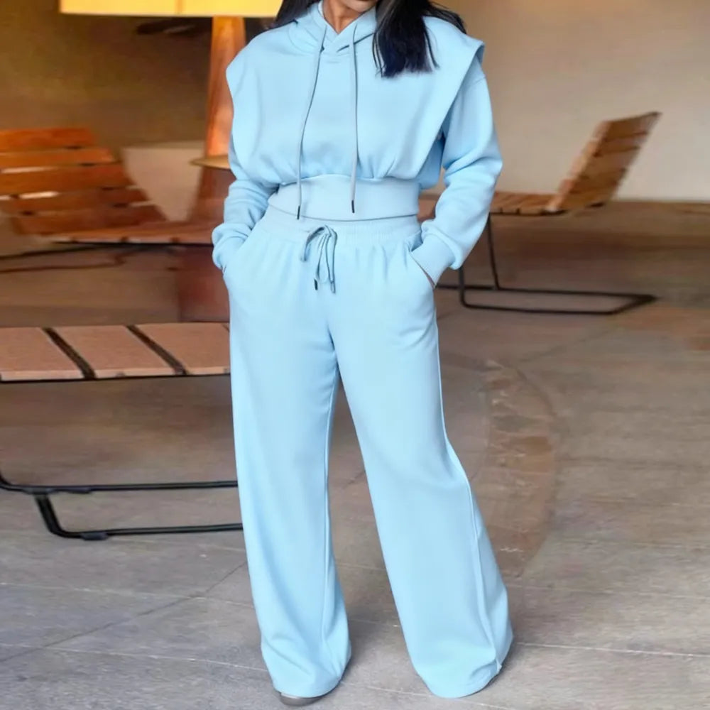 Hooded Long Sleeve Sweatshirt and Casual Wide Leg Sweatpants Set
