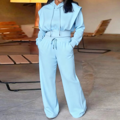 Hooded Long Sleeve Sweatshirt and Casual Wide Leg Sweatpants Set