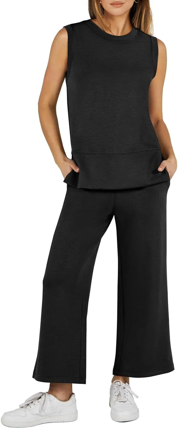 Women's 2 Piece Sets Summer Outfits Sleeveless Wide Leg Tracksuits Casual Sweat Sets Lounge Sweatsuits