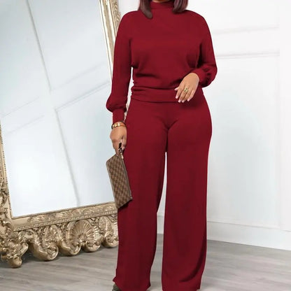 Women Fall Winter Long Sleeve Semi High Neck Loose Top & Wide Leg Pants
