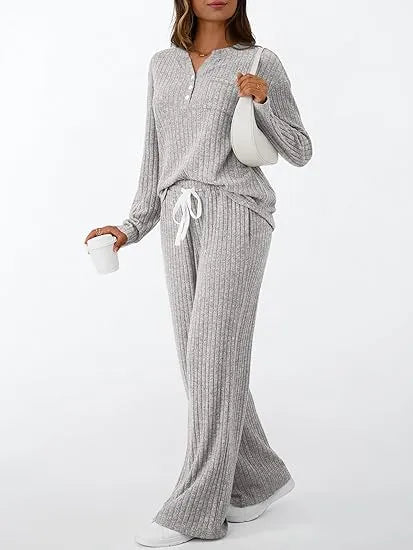 Womens 2 Piece Lounge Sets Fall Outfits Henley Neck Sweater 2025 Matching Sweat Suits Comfy Pajamas Clothes Pockets