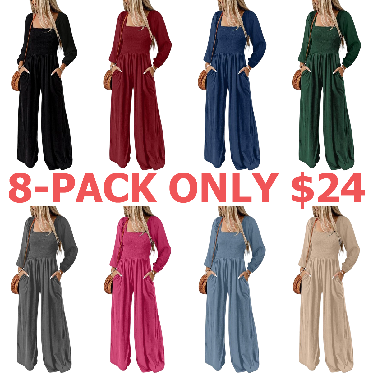 Women's Casual Loose Overalls Jumpsuits One Piece Long Sleeve Wide Leg Long Pant Rompers With Pockets
