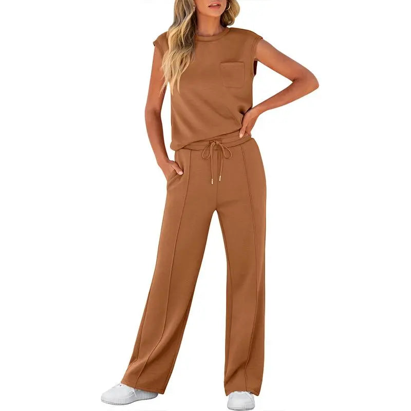 Women's Summer 2 Piece Outfits Casual Sleeveless Sweatsuits Matching Wide Leg Tracksuits Lounge Sets Women Basic Vacation Outdoor Outfit Sets Womenswear