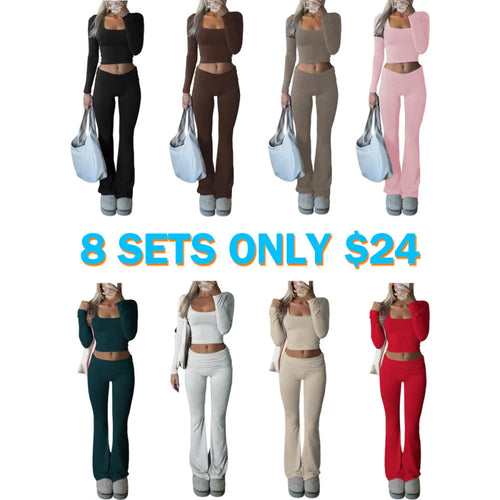Solid Color Square Neck Crop Tee & Flare Leg Pants Two-Piece Set