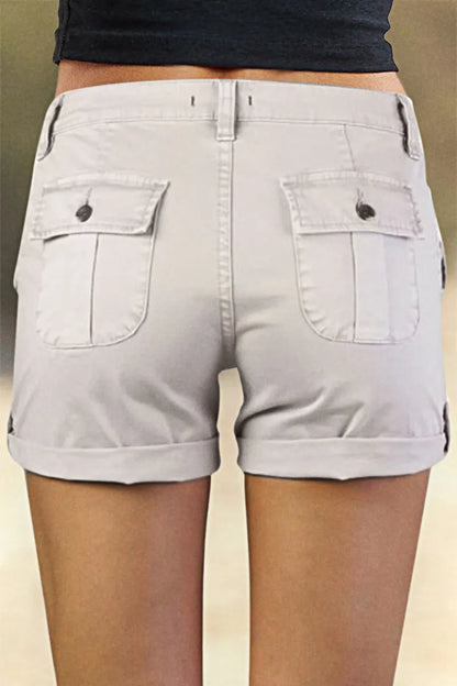 Flap Pocket Roll Tab Hem Mid Waist Shorts