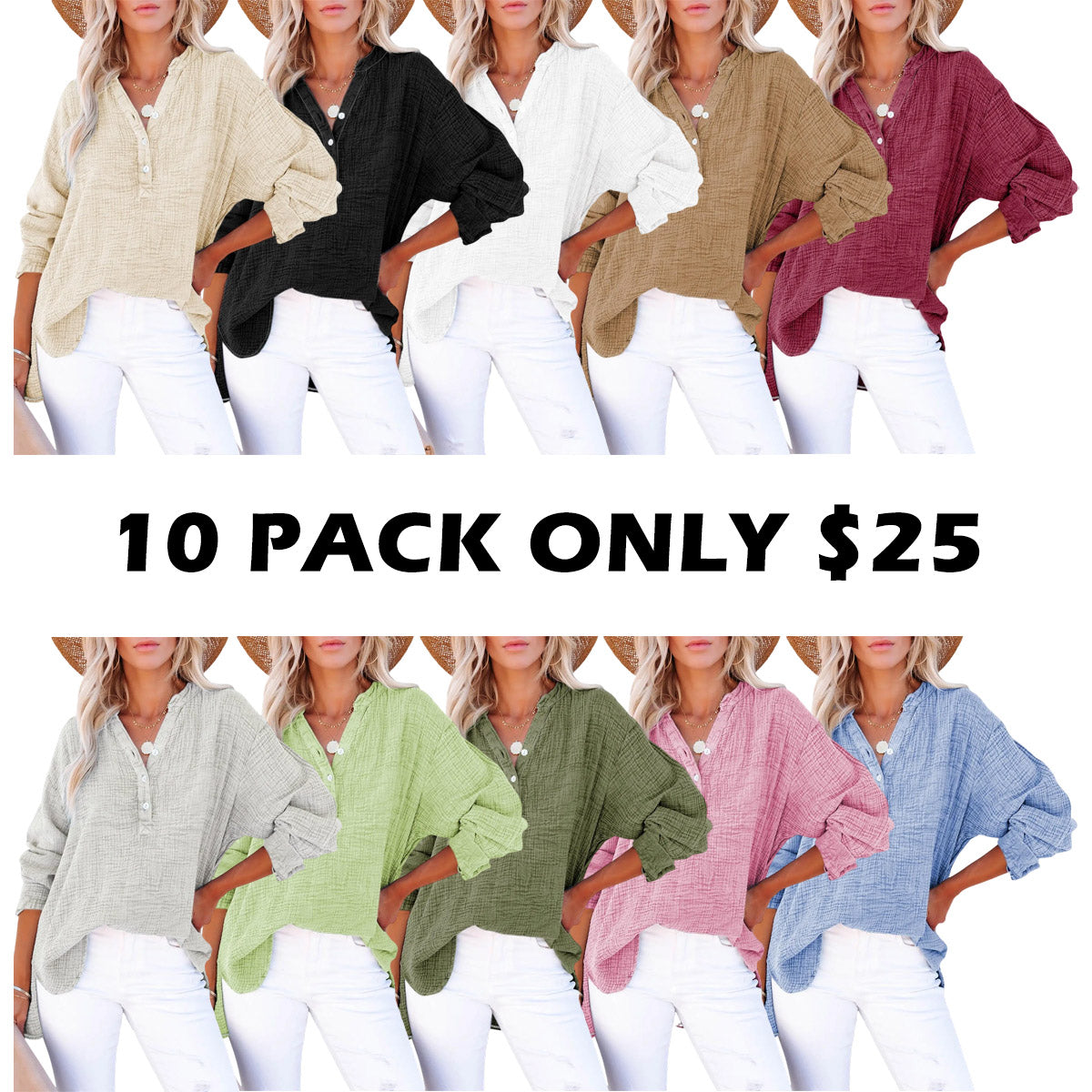 Women's Casual Button V Neck Long Sleeve Shirts
