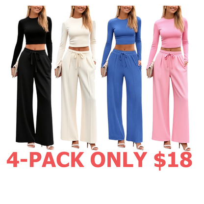 2-Piece Ribbed Knit Long Sleeve Crop Top Wide Leg Pants Matching Lounge Set Loungewear
