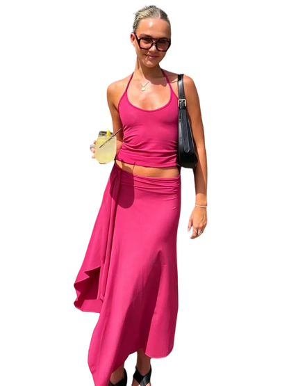 Solid-Color Sleeveless Backless Tie-Strap Camisole and Slim-Fit Side-Slit Maxi Skirt Two-Piece Set