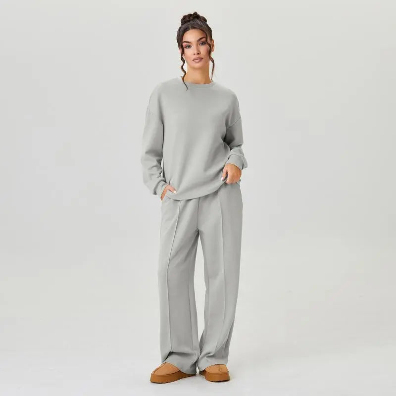 Women's Cozy Round Neck Top & Wide Leg Trousers Two Piece Outfits
